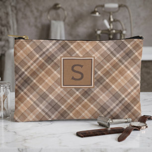 Neutral Beige Brown Taupe Plaid Gingham Pattern Accessory Pouch