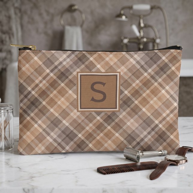 Neutral Beige Brown Taupe Plaid Gingham Pattern Accessory Pouch (Creator Uploaded)