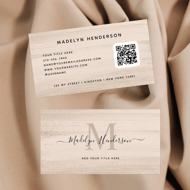 Neutral Beige Brush Strokes Modern Brush QR Code Business Card (Creator Uploaded)