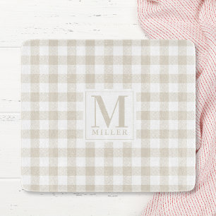 Neutral Beige Buffalo Check Family Name Glass Cutting Board