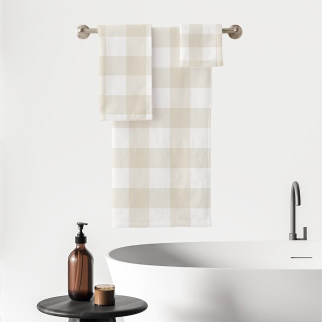 Neutral Beige Buffalo Check Plaid Rustic Farmhouse Bath Towel Set (Creator Uploaded)