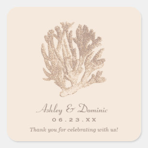 Neutral Beige Coral Beach Wedding Monogram Square Sticker