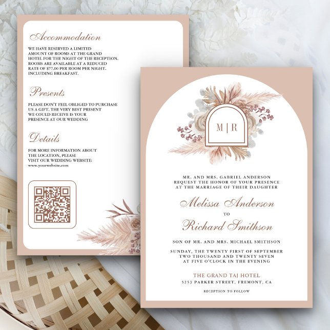 Neutral Beige Floral Boho Pampas QR Code Wedding Invitation (Creator Uploaded)