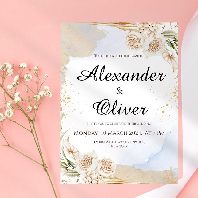 Neutral Beige Floral Wedding Invitation (Creator Uploaded)