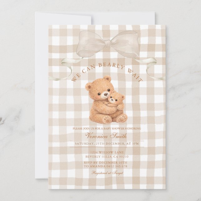 Neutral Beige Gingham Bear Baby Shower Invitation (Front)
