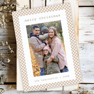 Neutral Beige Gingham Check Photo Christmas Holiday Card