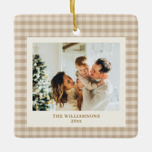 Neutral Beige Gingham Family Photo Personalised Ceramic Ornament