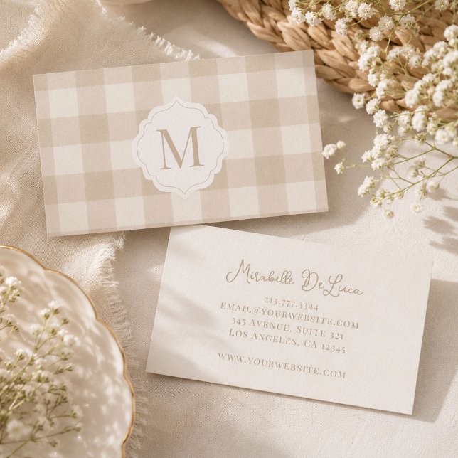 Neutral Beige Gingham Monogram  Business Card (Creator Uploaded)
