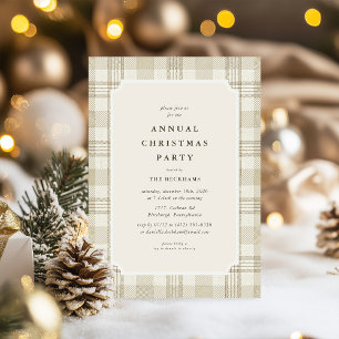 Neutral Beige Gingham Plaid Christmas Party Invitation