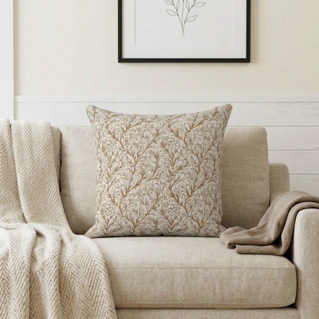 Neutral Beige Gold Botanical Leaf William Morris Cushion (Creator Uploaded)