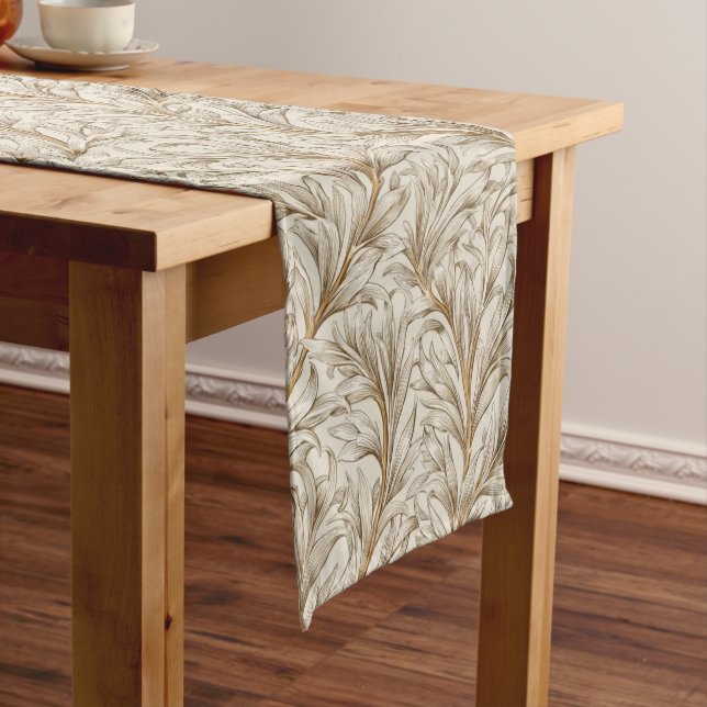 Neutral Beige Gold Botanical Leaf William Morris Medium Table Runner (In Situ)