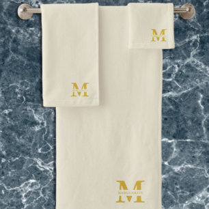 Neutral Beige Gold Monogram Bath Towel Set