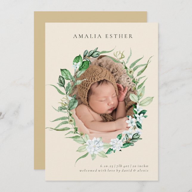 Neutral Beige Greenery Wreath Birth Announcement  (Front/Back)
