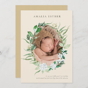 Neutral Beige Greenery Wreath Birth Announcement 