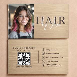 Neutral Beige Metallic Hair Stylist Photo QR Code Business Card