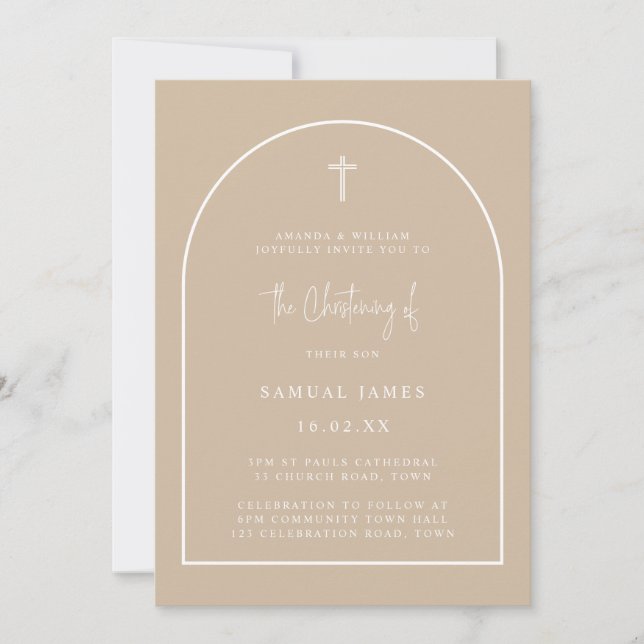Neutral Beige Modern Arch Minimalist Christening Invitation (Front)