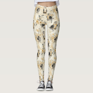 Neutral Beige Owl Floral Botanical Pattern Leggings