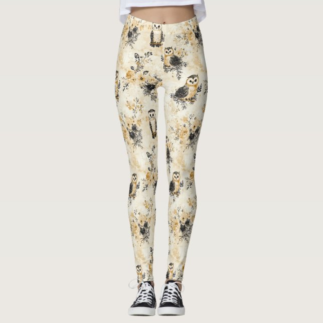 Neutral Beige Owl Floral Botanical Pattern Leggings (Front)
