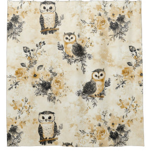 Neutral Beige Owl Floral Botanical Pattern Shower Curtain