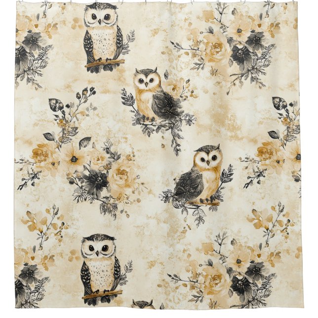 Neutral Beige Owl Floral Botanical Pattern Shower Curtain (Front)