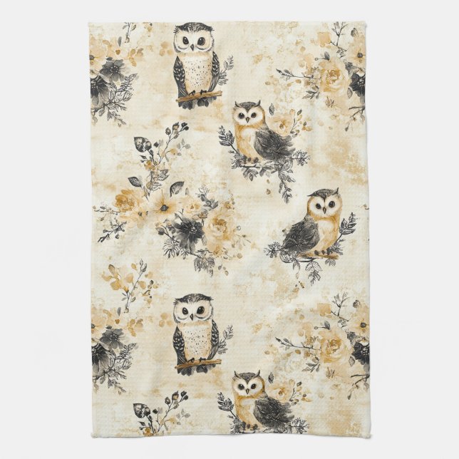 Neutral Beige Owl Floral Botanical Pattern Tea Towel (Vertical)