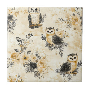 Neutral Beige Owl Floral Botanical Pattern Tile