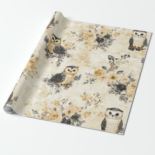 Neutral Beige Owl Floral Botanical Pattern Wrapping Paper