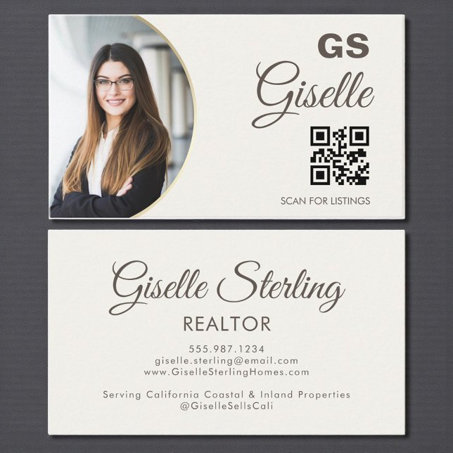 Neutral Beige Photo Monogram Realtor QR Code  Business Card (Creator Uploaded)