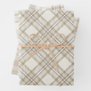 Neutral Beige Plaid Christmas Wrapping Paper Sheet