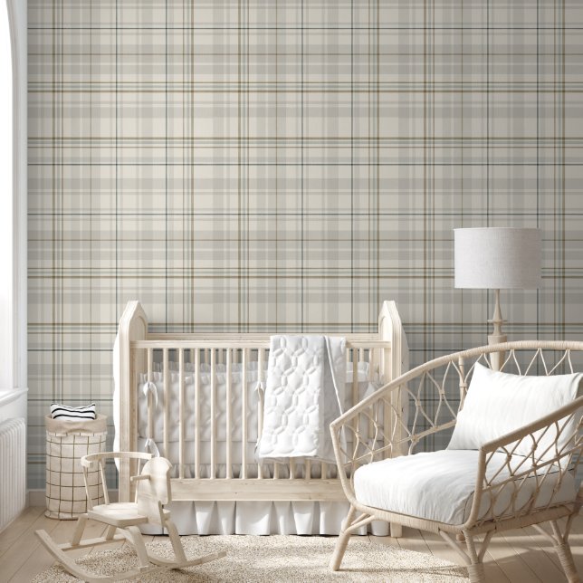 Neutral Beige Plaid–Modern Farmhouse Tartan Accent Wallpaper (Kids)
