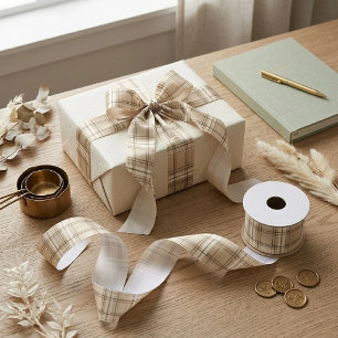 Neutral Beige Plaid Tartan Satin Ribbon