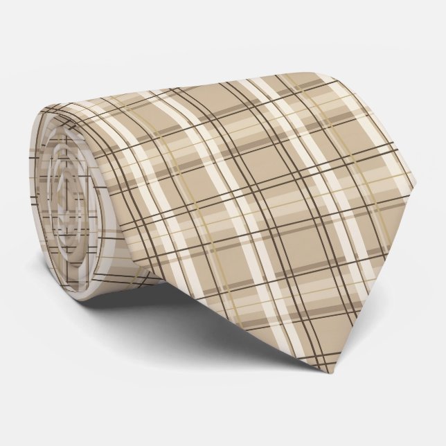 Neutral Beige Plaid Tartan  Tie (Rolled)