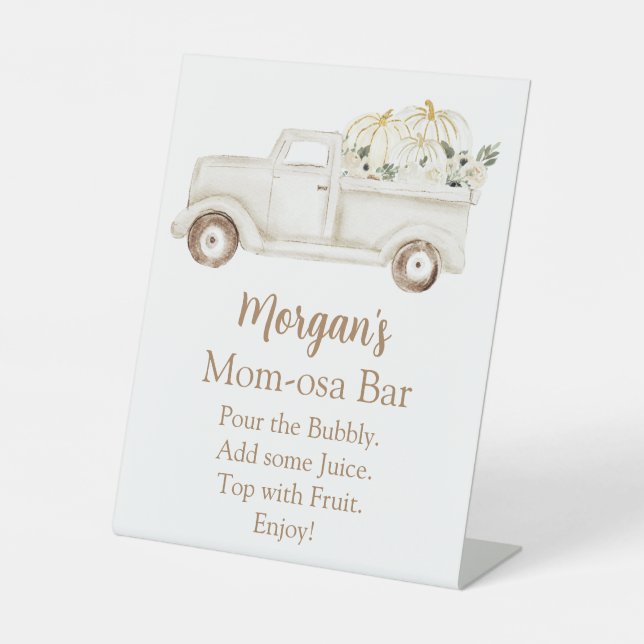 Neutral Beige Pumpkin Baby Shower Momosa Bar Pedestal Sign (Front)