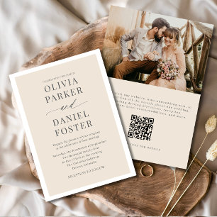 Neutral Beige QR Code Photo Minimalist Wedding Invitation