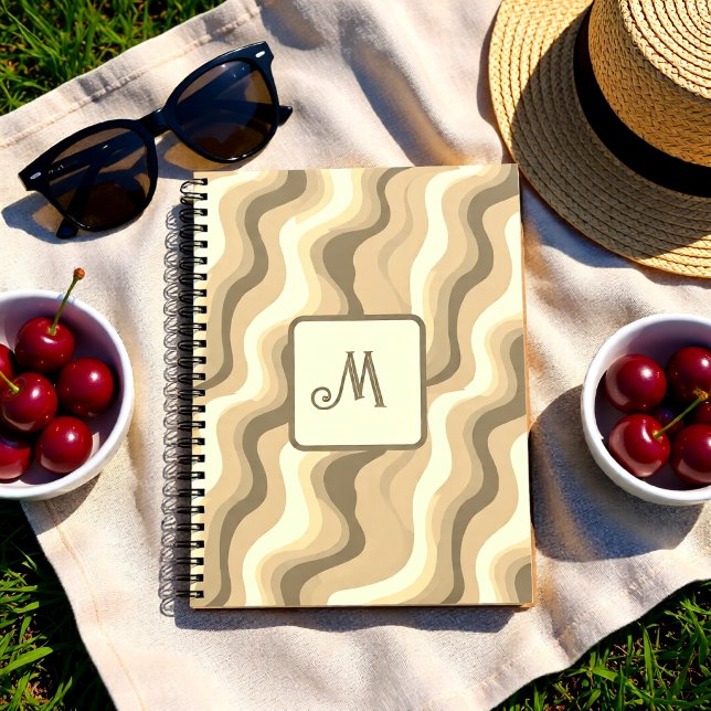 Neutral Beige Retro Waves Personalised Monogram Notebook (Neutral Beige Retro Waves Personalized Monogram Notebook)
