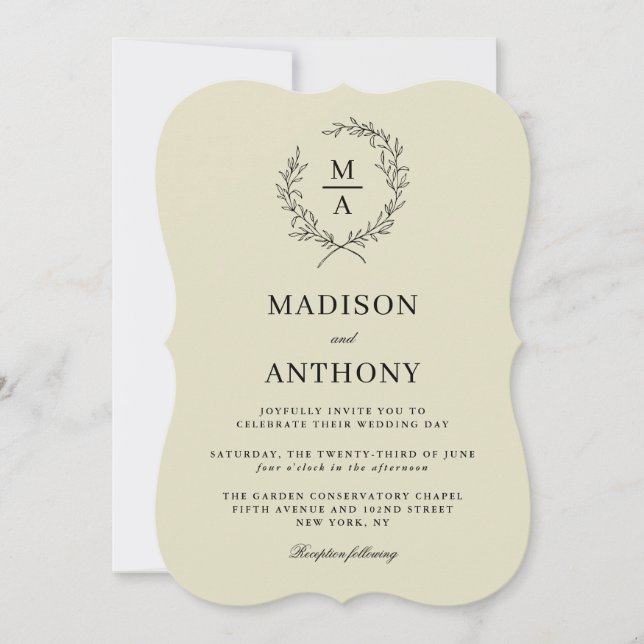 Neutral Beige Simple Elegant Monogram Wedding Invitation (Front)