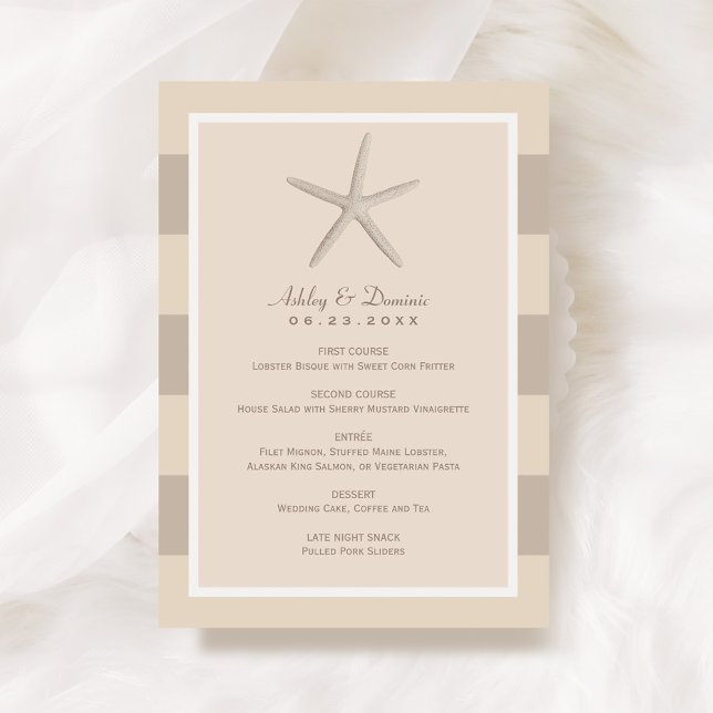 Neutral Beige Starfish Beach Wedding Dinner Menu (Creator Uploaded)