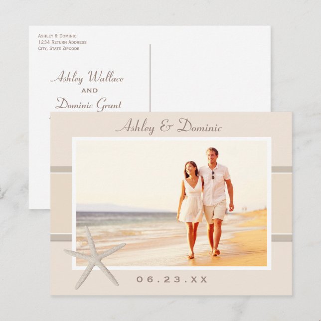 Neutral Beige Starfish Wedding Photo Save the Date Announcement Postcard (Front/Back)