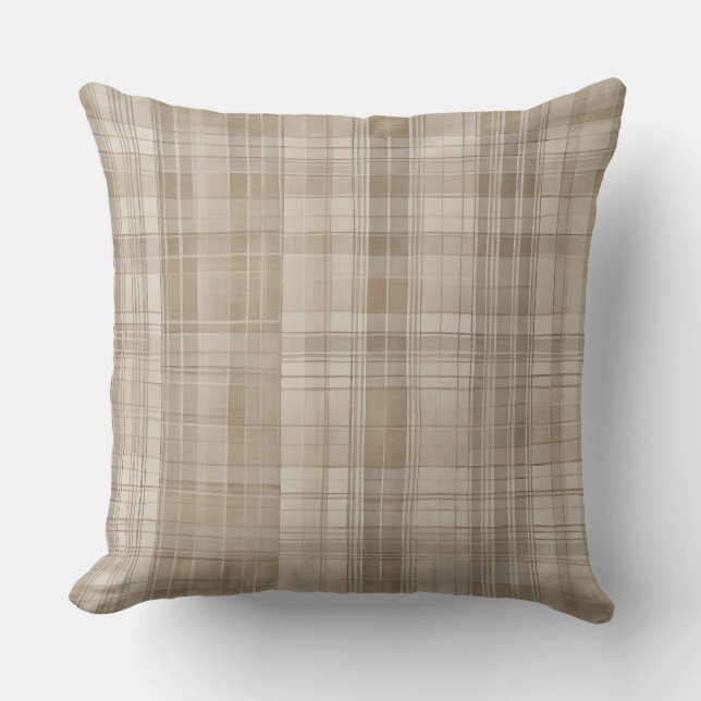 Neutral Beige Tan Farmhouse Plaid Cushion (Front)