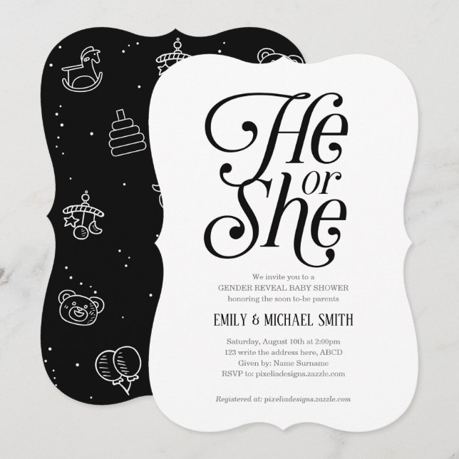 Neutral, Black and White, He or She, Gender Reveal Invitation (Front/Back)