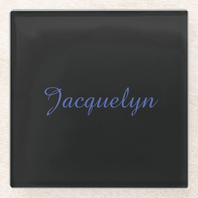 Neutral Black & Blue Plain Elegant Modern Own Name Glass Coaster (Front)