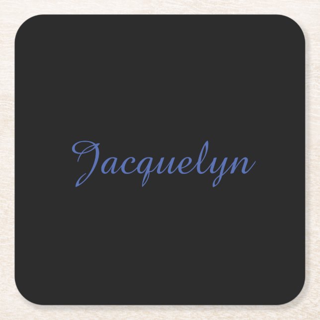 Neutral Black & Blue Plain Elegant Modern Own Name Square Paper Coaster (Front)