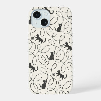 Neutral Black Cat and Yarn Ball Pattern iPhone 15 Case