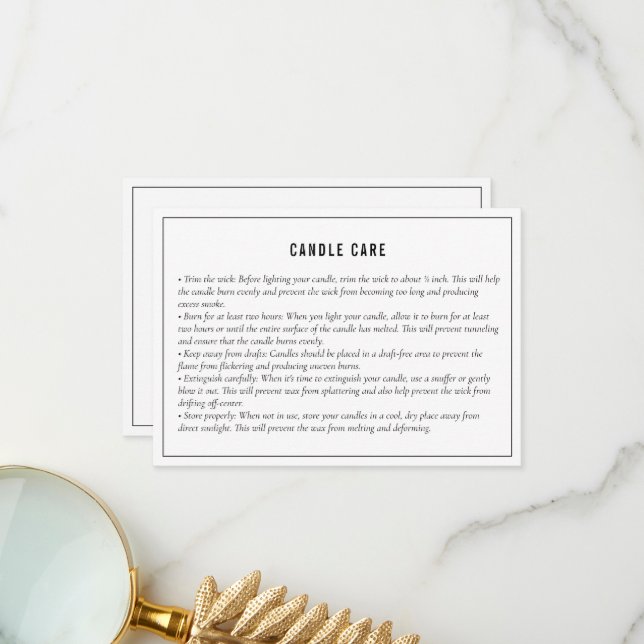 Neutral Black White Candle Care Instruction Card (Front/Back In Situ)