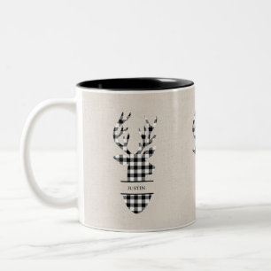 Neutral Black & White Plaid Deer Two-Tone Coffee Mug