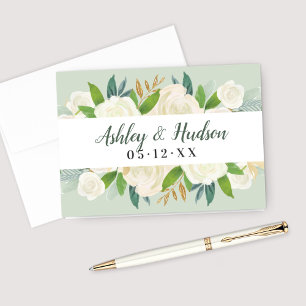 Neutral Blooms Green Floral Wedding Monogram Thank You Card