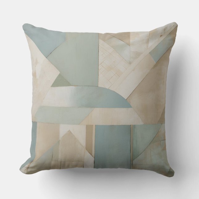 Neutral Blue Green Beige Abstract Geometric Print Cushion (Front)