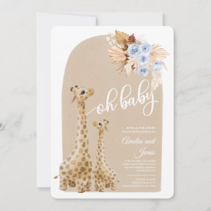 Neutral Blue Pampas Grass Giraffe Baby Shower Invitation