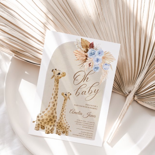 Neutral Blue Pampas Grass Giraffe Baby Shower  Invitation (Creator Uploaded)