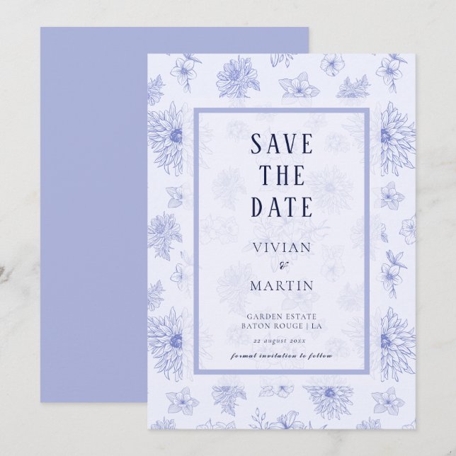 Neutral Blue Shadow floral Pattern Save The Date Invitation (Front/Back)